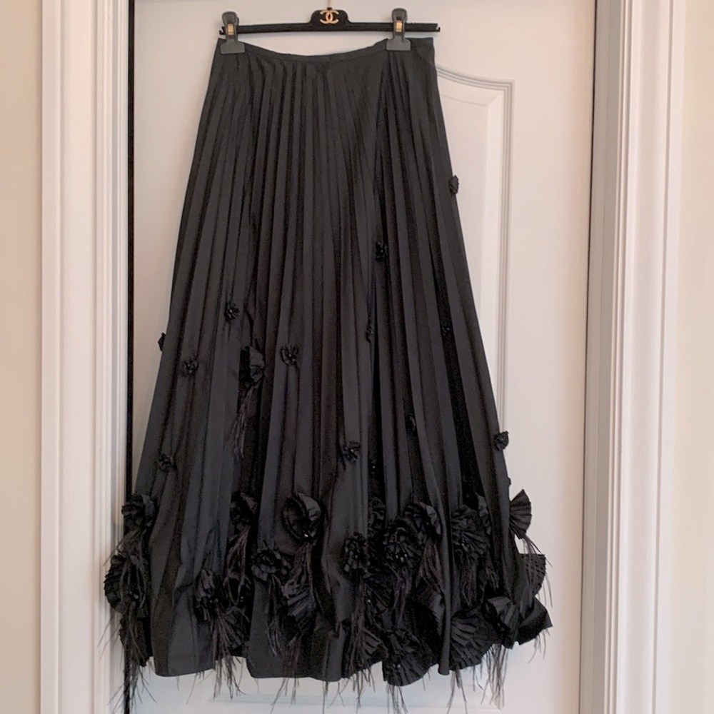 Ostrich Feather Jewels Rosettes Couture Designer Black Satin Full Pleated Skirt